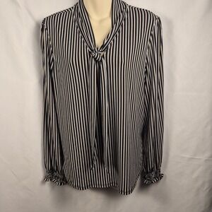 Adrianna Papell Blouse Women Large Black White Stripe Tie Neck Smocked